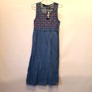 Vintage 90's NEW Denim Dress Embroidered Roses Floral Faux Wrap Button Size M